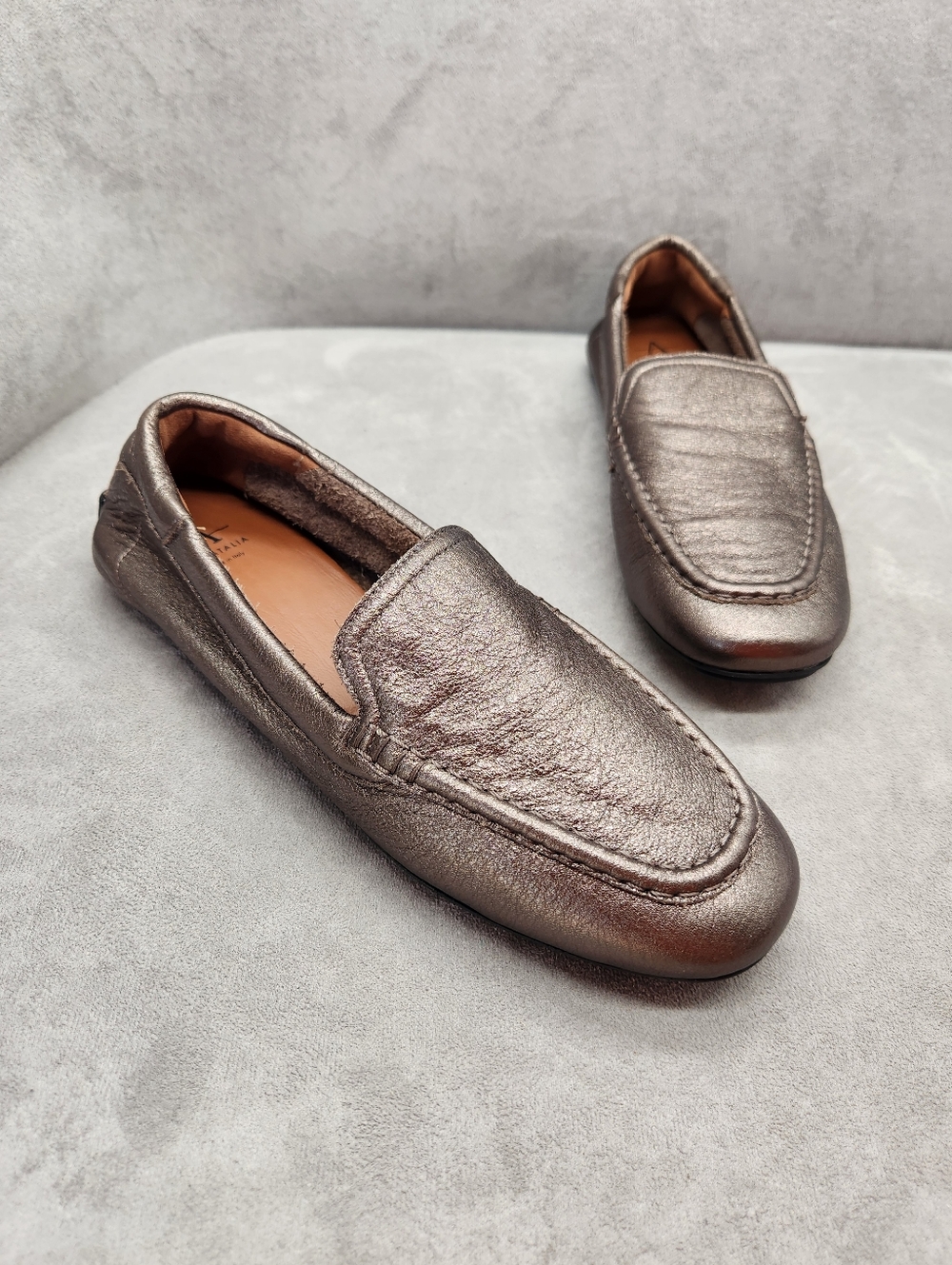 Aquatalia Loafers 7.5 Gunmetal Leather Qaitlin Metallic Made In Italy New $360